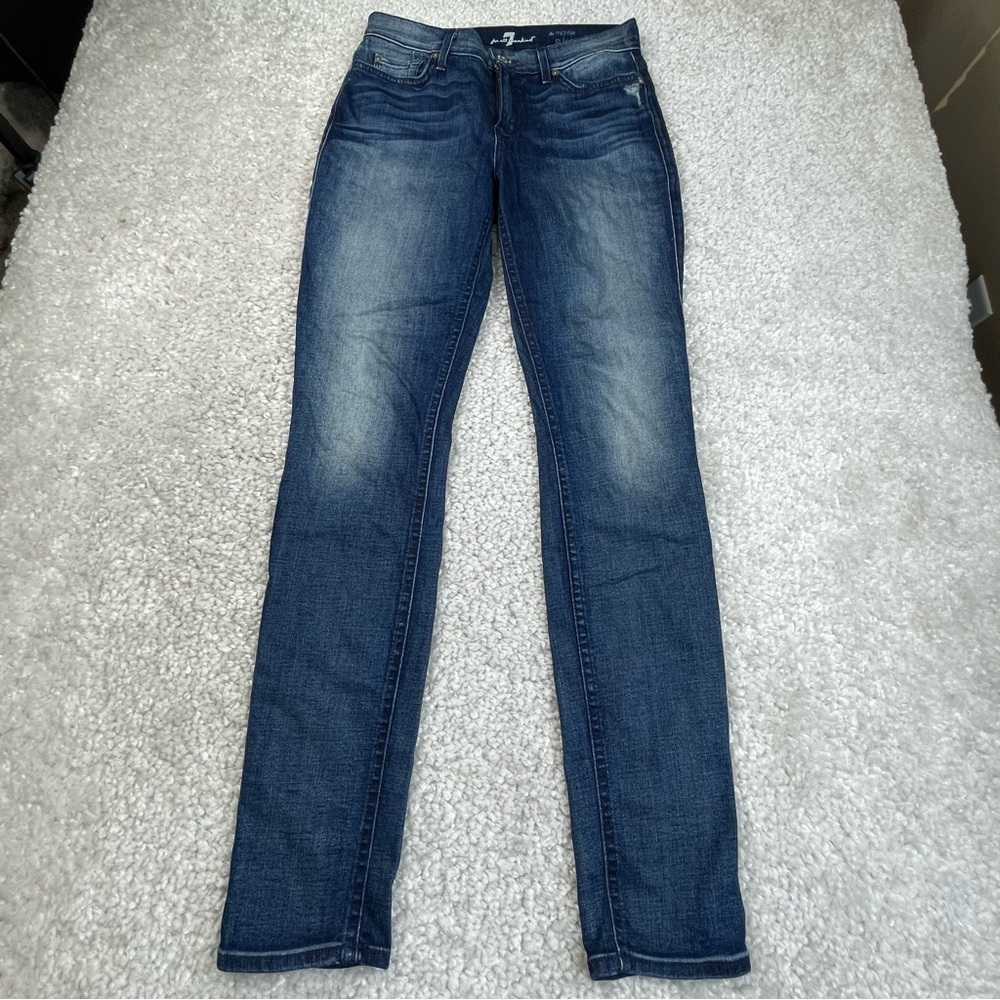 7 for all mankind mid rise Skinny Jeans stretch dark blue wash Sz 27 #E13